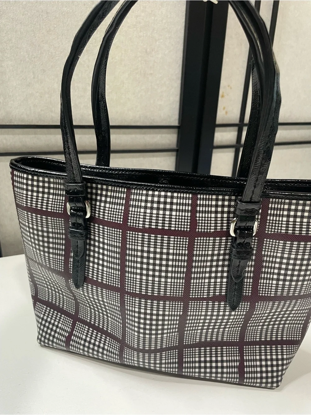 Coach Peyton Glenplaid Top Handle Mini Tote Bag Black Bordeaux Plaid F52196